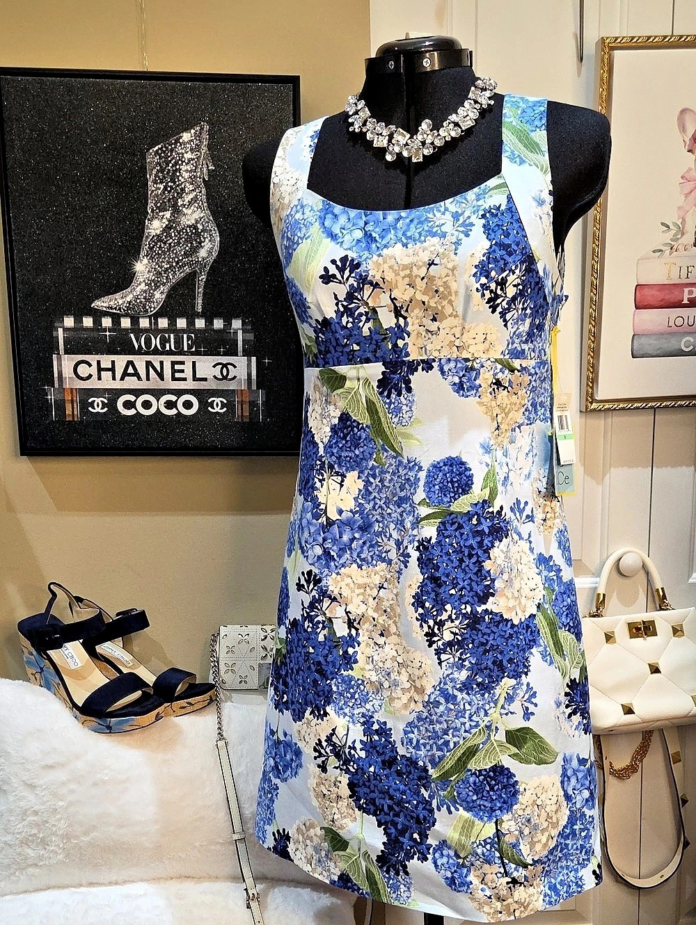 Nwt 8 $ 139 CeCe Spring Meadow Smoke Blue Floral Dress Zipper On Side